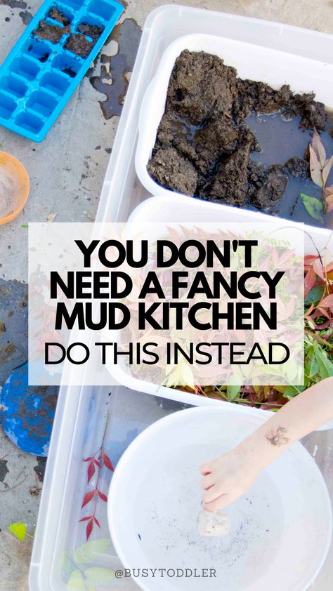 You don't need a fancy mud kitchen! Do this instead. (Image: a sensory bin mud kitchen) Portable Mud Kitchen, Build A Mud Kitchen, Montessori Mud Kitchen, Make Your Own Mud Kitchen, Outdoor Mud Kitchens For Kids Diy, Kid Mud Kitchen, Mud Station Outdoor Play, Mud Kitchen For Kids Diy Easy, Easy Mud Kitchen Diy