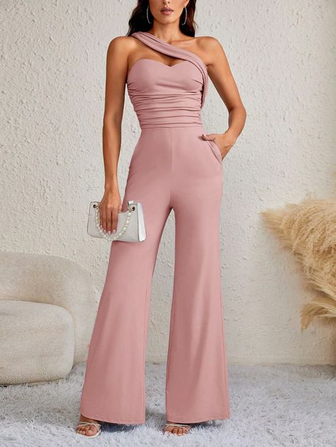 SHEIN Tall Women's One Shoulder Pleated JumpsuitI discovered amazing products on SHEIN.com, come check them out! Flare Leg Jumpsuit, Pleated Jumpsuit, Tall Women, Dusty Pink, Got Married, First Order, Jumpsuits For Women, Baby Blue, Women Clothing