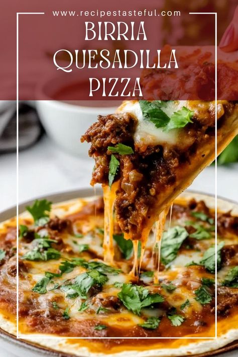 This Birria Quesadilla Pizza is a flavorful twist on a classic dish, combining tender, spiced beef with gooey cheese on a crispy crust. Perfect for pizza night with a Mexican flair, it's served with a rich birria consomé for dipping. Birria Pizza, Pizza Quesadilla, Mexican Pizza Recipe, Spiced Beef, Mexican Pizza, Movie Night Snacks, Lunch Dinner Recipes, Pizza Bake, Gooey Cheese