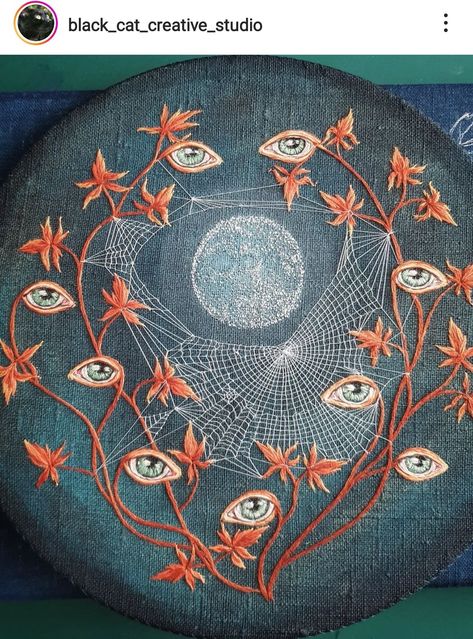 Trending Embroidery, Odd Embroidery, Embroidery With Crystals, Multimedia Embroidery, Eyeball Embroidery, Whimsical Embroidery, Cool Embroidery, Witchy Embroidery, Goth Embroidery