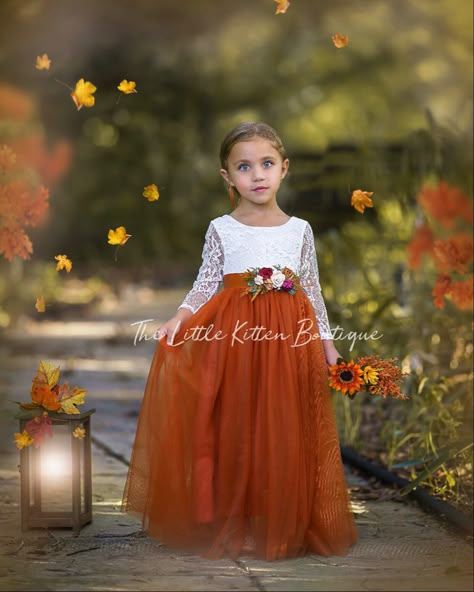 We are welcoming fall with our new burnt orange and rust flower girl dresses. Available in both sleeveless and long sleeve dresses these dresses are perfect for fall weddings. We also have created many new fall inspired hair accessories, to complete the look. Our flower hair wreaths and combs are made to order and each piece is one of a kind. Rust Flower Girl Dress, Flower Girl Dress Boho, Boho Flower Girl Dress, Rustic Flower Girl Dress, Long Flower Girl Dresses, Boho Flower Girl, Rustic Flower Girls, Lace Flower Girl Dress, Tulle Flower Girl Dress