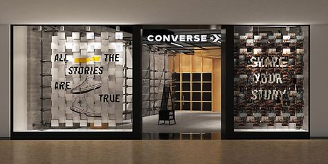 The extensive store display for Converse invites all Chuck Taylor shoe fans to be part of a movement and share their own experiences. Converse Store, Chuck Taylor Shoes, Retail Space Design, New York Office, Converse Shop, Store Windows, Store Window, Retail Store Design, Communication Art