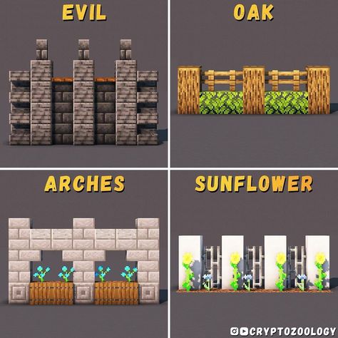 Walls For Minecraft, Minecraft Modern Wall Designs, Minecraft Village Fence Ideas, Minecraft Natural Wall, Minecraft Fencing Ideas, Cute Minecraft Decorations Outside, Minecraft Tall Wall Designs, Minecraft Outdoor Fireplace, Mc Fence Ideas