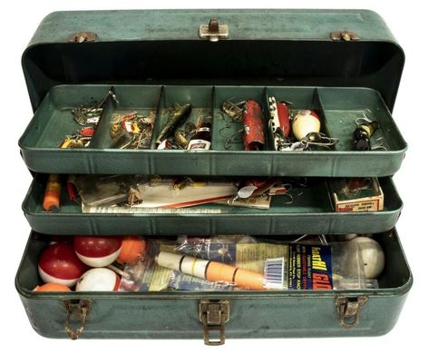 VINTAGE TACKLE Vintage Tackle Box Ideas, Tackle Box Ideas, Box Png, Hat Bar, Beginning Running, Restaurant Ideas, Fishing Tackle Box, Tackle Box, Vintage Fishing