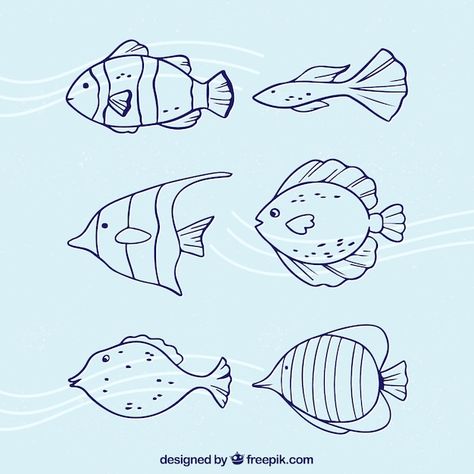 Free vector collection of fish in doodle... | Free Vector #Freepik #freevector #animal-doodle #cute-fish #drawn #cute-doodles Fish Doodle, Sketch Menu, Cartoon Drawing For Kids, Mermaid Journal, Fish Sketch, Sea Drawing, Mermaid Quotes, Drawn Fish, Doodle Cartoon