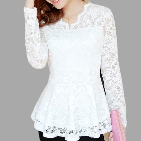 Womens Peplum Tops, Lace Peplum Blouse, Feminine Shirts, Black Lace Shirt, Women Lace Blouse, Lace Blouse Long Sleeve, White Lace Blouse, Neck Women, Lace Peplum