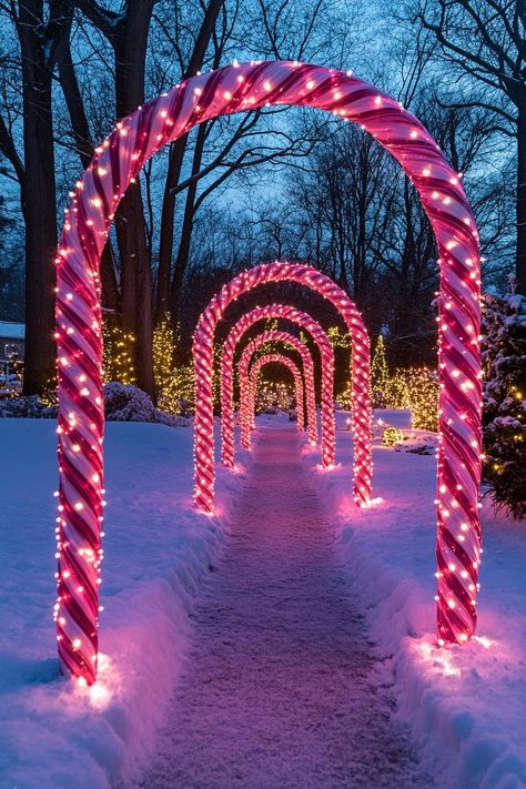 15 Stunning Christmas House Lights Ideas You’ll Love Outdoor Christmas Village Display, Sidewalk Christmas Lights, Lighted Walkway Wedding, Christmas Home Exterior Decorating Ideas, Ideas For Christmas Lights Outside, Christmas Light Driveway Arch, Northpole Christmas Decorations Outdoor, Light Arches Christmas, Outdoor Christmas Light Ideas Houses