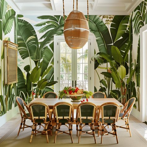 Tropical Oasis Dining Room Concept Tropical Dining Room Ideas, Tropical Wallpaper Dining Room, Tropical Dining Room, Palette Green, Tropical Interiors, Tropical Glam, Room Concept, Hawaiian Decor, Hawaii Homes