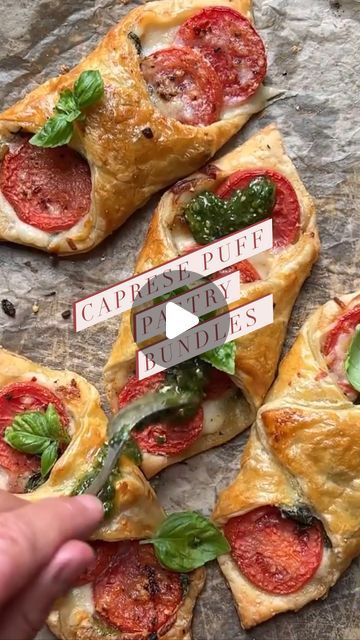 Diane Morrisey on Instagram: "A Caprese salad could take many forms. This version wraps tomatoes mozzarella basil and spinach up into a puff pastry bundle and drizzles it with a pesto oil. 

Need a simple dinner idea? Grab some Puff Pastry and channel your inner Caprese! 🍅 🌿 
Puff Pastry. Mozzarella. Tomato. Pesto. Nuff said👌
.
.
Caprese Puff Pastry Bundles 
.
.
.
2 sheets thawed puff pastry
6-7 plum tomatoes, sliced
2 cup shredded mozzarella
Grated parmesan
salt and pepper 
red chili  flakes
2 large handfuls fresh baby spinach 
1 bunch fresh basil, sliced
Egg wash (1 beaten egg mixed with 1 tbls water) 
Pesto oil (recipe to follow)

Preheat your oven to 400F. Line a baking sheet with parchment and set aside. 
On a floured surface slightly roll out the puff pastry. Cut each puff pastry Puff Pastry Caprese, Puff Pastry Tomato Mozzarella, Puff Pastry Mozzarella, Tomato And Basil Cream Cheese Puff Pastry, Caprese Puff Pastry Bundles, Puff Pastry Meals, Caprese Puff Pastry, Diane Morrisey Recipes, Easy Puff Pastry Recipes