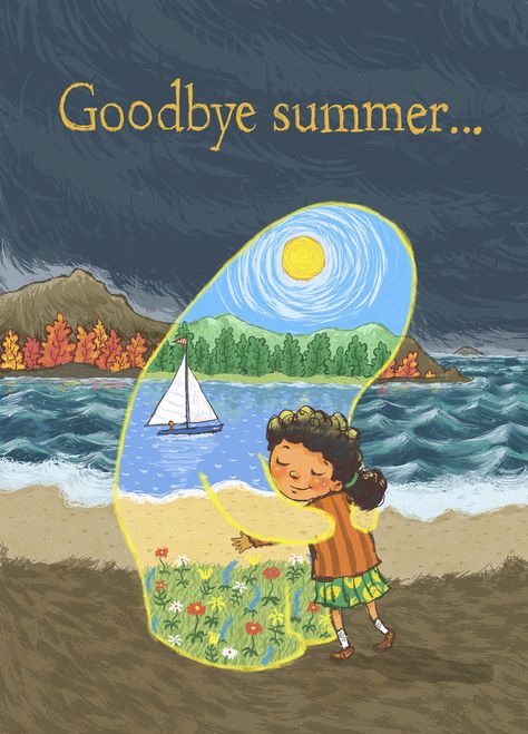 Goodbye Summer. The End of Summer is always sad. This children's book illustration is an Illustration of the passing of the seasons. Goodbye Summer, Summer Cartoon, Instagram Profile Picture Ideas, Summer Poster, Summer Illustration, Kids Story Books, Saying Goodbye, Summer Pictures, End Of Summer