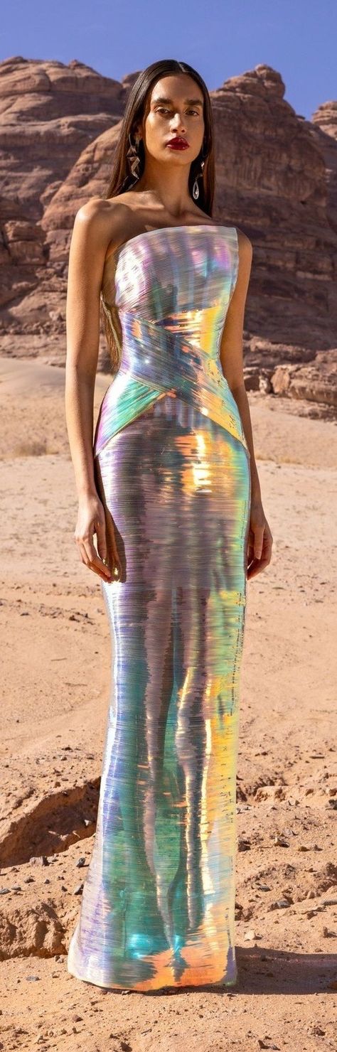 Imgur: The magic of the Internet Iridescent Outfit Holographic Fashion, Iridescent Outfit, Hologram Dress, Holographic Fashion, Rami Kadi, Runway Gowns, Middle Eastern Fashion, Fashion Newsletter, Couture Looks