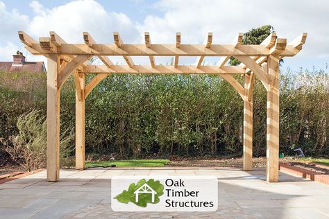 Oak Pergola Build - Project Photos - Oak Timber Structures Greek Pergola, Oak Pergola, Greek Garden, Garden Furniture Design, Retractable Pergola, Timber Structure, Covered Pergola, Front Lawn, Pergola Plans