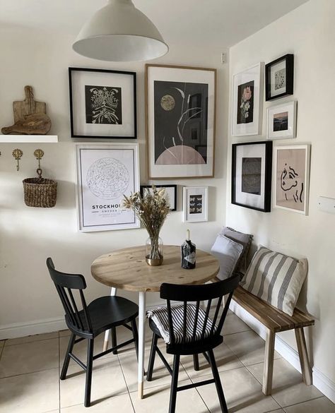 15 Gorgeous Small Dining Room Ideas That Are Big On Personality 2 Dining Corner Wall Decor, Corner Gallery Wall Kitchen, Corner Gallery Wall Dining Room, Small Living Room Wall Ideas, Scandi Gallery Wall, Kitchen Wall Gallery Ideas, Photo Wall Kitchen, Corner Photo Gallery Wall, Kitchen Gallery Wall Ideas