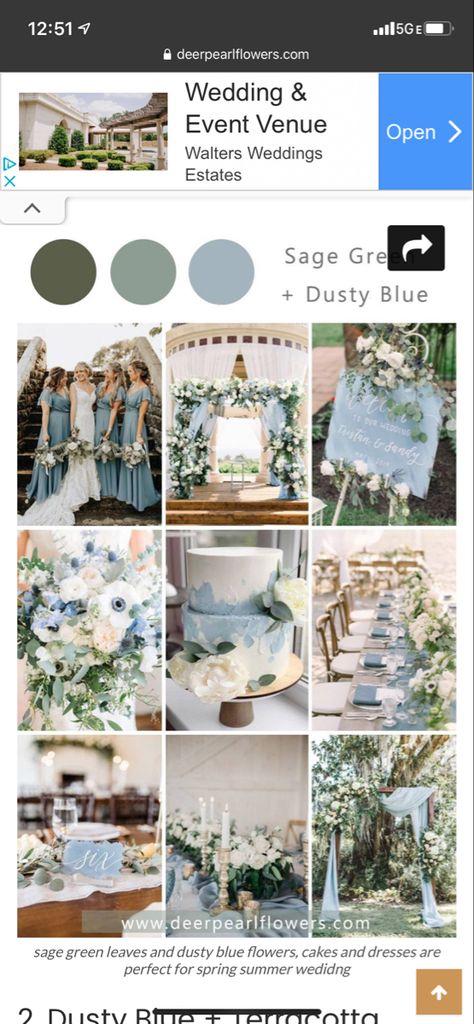 Aquamarine Wedding Theme, Dusty Blue And Sage Wedding, June Wedding Colors, Green Wedding Palette, Sage Green Wedding Theme, Blue And Sage Green, Sky Blue Weddings, Wedding Color Schemes Spring, Wedding Theme Color Schemes