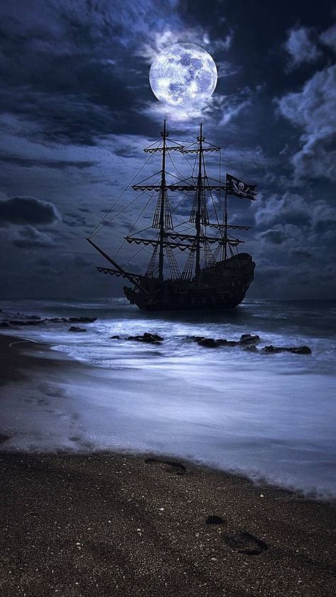 Ship In The Ocean, Old Ship, Ocean At Night, Pirate Ship, In The Ocean, Full Moon, The Ocean, At Night, Sailing