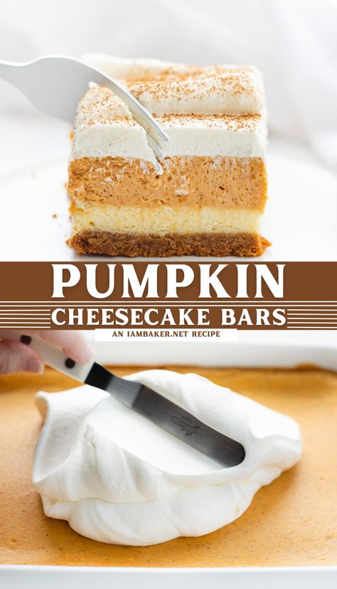 One image shows a fork cutting into a pumpkin cheesecake bar that's on a white plate. The second image shows an offset spatula spreading whipped cream onto a pan full of pumpkin bars. Pumpkin Crunch Cheesecake, Pumpkin Pie With Cheesecake Layer, Caramel Toffee Recipe, Pumpkin Cheesecake Premade Crust, Pumpkin Cheesecake Bars With Gingersnap Crust, Pumpkin Cheesecake With Gingerbread Crust, Pumpkin Cheesecake With Graham Cracker Crust, Gf Thanksgiving, Easy Pumpkin Cheesecake