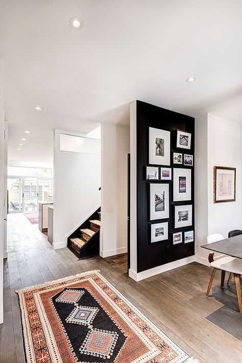 black paint accent wall/gallery wall/black frames/white mats/Dark, Moody Accent Walls with Photo Galleries Mixed Tiles, Picture Rails, Koti Diy, Flooring Laminate, Black Accent Walls, Interior Boho, 아파트 인테리어, Decoration Inspiration, A Living Room