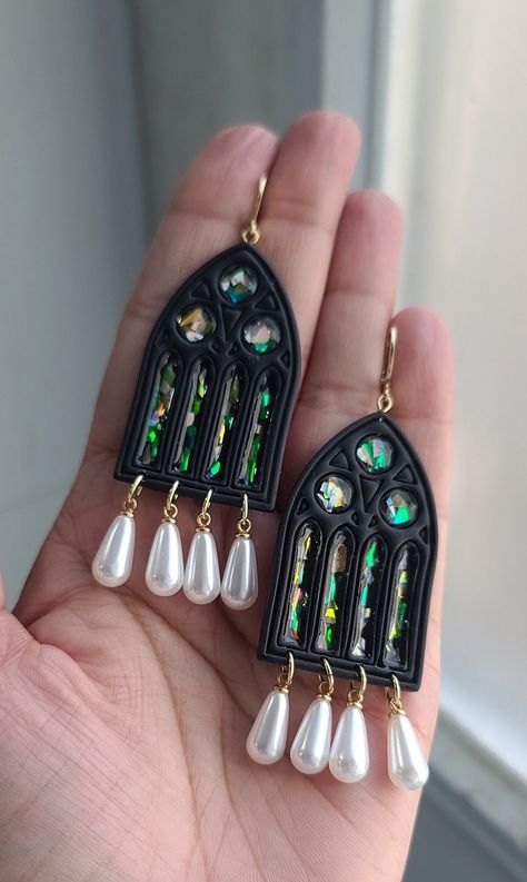 Handmade Polymerclay Gothic Cathedral windows Earrings. Proudly made in Canada. Very elegant, unique and easy to wear.  These are very well-made, lightweight and comfortable. You can wear them all day and you will love them!!   As every tiny detail is handmade, there might be variations within each earrings as no two pairs are exactly identical. Please note the colors might differ slightly from pictures here due to different phone/computer screens, each piece may vary slightly in color from phot Gothic Polymer Clay Earrings, Gothic Cathedral Windows, Cathedral Earrings, Bookish Earrings, Gothic Window, Witchy Earrings, Polymer Clay Embroidery, Gothic Cathedral, Bath Store