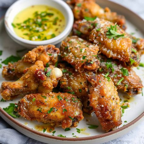 These garlic Parmesan chicken wings are baked to crispy-juicy perfection, then tossed in a mouthwatering garlic, herb, and Parmesan butter. Yum! Chicken Apps, Soy Garlic Chicken Wings, Chicken Pomodoro, Courtney Williams, Bbq Chicken Bites, Smoked Ham Recipe, Soy Garlic Chicken, Parmesan Butter, Parmesan Wings