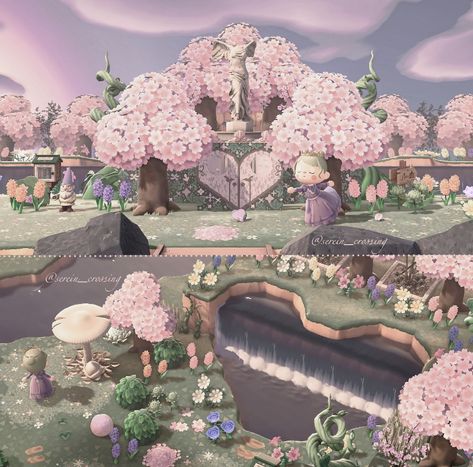 Acnh Scenery, Acnh Tips, Fairy Island, Town Inspiration, Cottagecore Animal Crossing, Cottagecore Pink, Pink Island, Animals Crossing, Acnh Designs