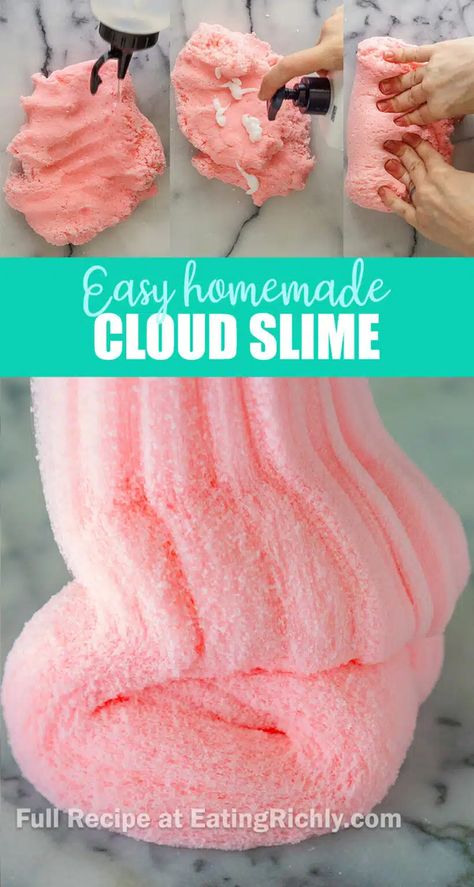 Learn all about cloud slime and how to create that incredibly soft and fluffy slime texture that resembles a cloud and drizzles perfectly. Textured Slime Recipe, Different Types Of Slime Recipes, Fluffy Slime Recipe Without Glue, Homemade Cloud Slime, Different Slime Recipes, How Slime How To Make, How To Play With Slime, Cloud Dough Slime Recipe, Soft Slime Recipe