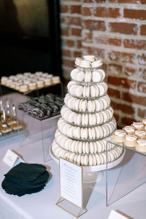 Macaron Tiered Display With Other Sweets on Dessert Table Wedding Macarons Display, Wedding Dessert Table Ideas Elegant, Display Macarons, Black And White Dessert Table, Wedding Dessert Table Elegant, Macarons Wedding, Wedding Dessert Display, Wedding Dessert Table Ideas, Macaron Display