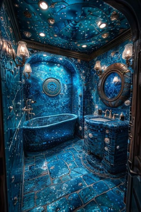 Deep Sea Bedroom Ideas, Cabin Interior Bathroom, Mermaid Bathroom Ideas, Small Log Cabin Interior, Underwater Bathroom, Marine Bathroom, Log Cabin Bathrooms, Cozy Rustic Decor, Mermaid Home