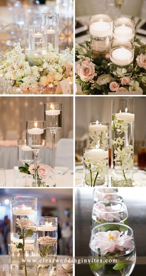 Spring Wedding Ideas Centerpieces, Flowers In Water Centerpieces, Clear Centerpieces Wedding, Wedding Centerpieces Garden Theme, Wedding Centerpiece Flowers And Candles, Weeding Decoration Ideas 2022, Diy Centre Pieces Wedding Elegant, Water Centerpiece Wedding, Low Budget Wedding Centerpieces