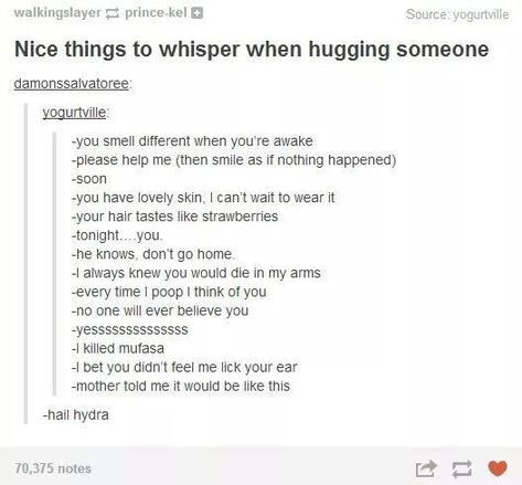 things to whisper while hugging someone | hahaha "nice" things to whisper to someone while hugging them to creep ... Weird Things To Say To People, Funny Captain America, Weird Things To Say, Hail Hydra, Captain America The Winter Soldier, Perfect Things, The Winter Soldier, Weird Things, Marvel Funny