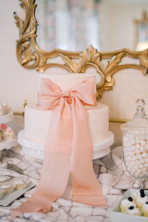 Ribbons And Bows Baby Shower Theme, Coquette Baby Shower Theme, Blush Pink White Wedding, Girly Baby Shower Themes, February Baby Shower Themes, Pearl Baby Shower, Girly Essentials, Chelsea Baby, Pink Baby Shower Cake