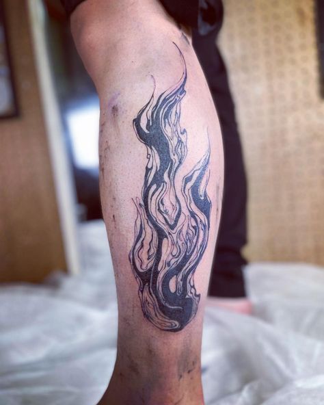 Water Fire Tattoo Ideas, Tattoos Of Fire, Ember Tattoo Fire, Blackwork Fire Tattoo, Fire Back Tattoo, Black And White Flame Tattoo, Fire Themed Tattoos, Black And White Fire Tattoo, Fire Leg Tattoo