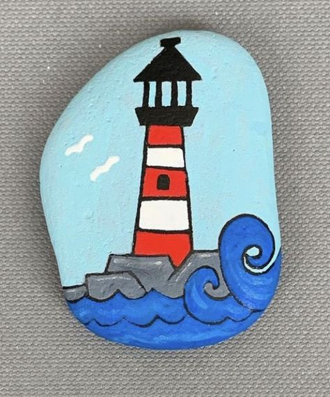 Painted Rocks Lighthouses, Beach Rock Painting Ideas, Lighthouse Paintings, Beach Rock Art, Diy Rock Art, Painted Rock Animals, Lighthouse Painting, Mandala Rock Art, Stone Art Painting