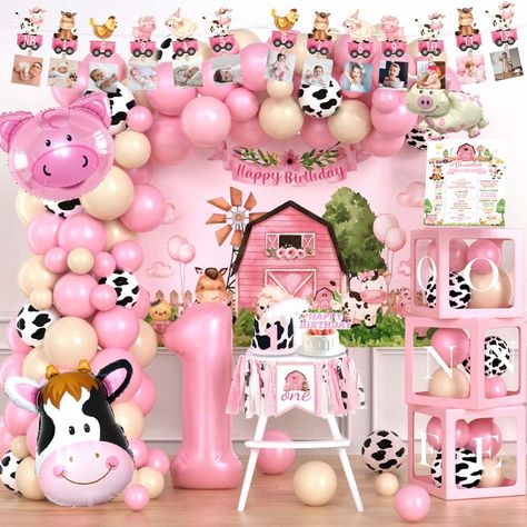 PRICES MAY VARY. 【COSY FARM ONE PARTY】🐮 Create a warm barnyard party with pink and ivory colors! Cute farm animals bring unlimited fun and novel experiences to your little one and other children to explore a different one year old birthday. Precious memories with our party decorations and let everyone enjoy the unforgettable day! 【FARM 1ST PARTY DECORATIONS GIRL SET】🐷 90 x 12’’ latex balloons, 30 x 5’’ latex balloons, 1 x number ‘1’ foil balloon, 3 x farm animal foil balloons, 1 x backdrop, 2 Petting Zoo 1st Birthday Party, Farm First Birthday Party, Farm First Birthday, Simple First Birthday, 1st Birthday Girl Decorations, 1st Birthday Party For Girls, Farm Themed Birthday Party, Girls Birthday Party Decorations, 1st Birthday Girl