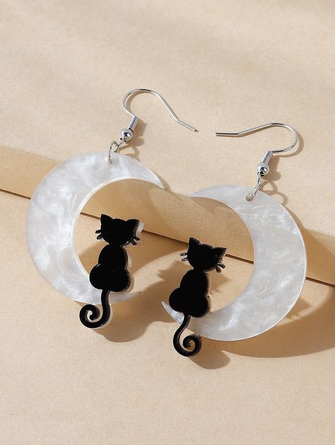 Black and White Vacation   PMMA  Dangle Embellished   Jewelry Silhouette Earring, Cat Moon, Cat Pendants, Cat Jewelry, Jewelry Card, Halloween Earrings, Fete Halloween, Cat Earrings, Moon Earrings