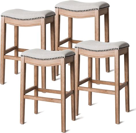 Maven Lane Adrien Backless Saddle Kitchen Bar Stool 31'' H, Weathered Oak Finish and Sand Fabric, Nail Head Trim Design, Set of 4 (4 x ML100153-FBS-WO) Saddle Bar Stools, Saddle Stools, Backless Bar Stools, Bar Height Stools, Weathered Oak, Traditional Furniture, Kitchen Stools, Bar Height, Kitchen Bar Stools