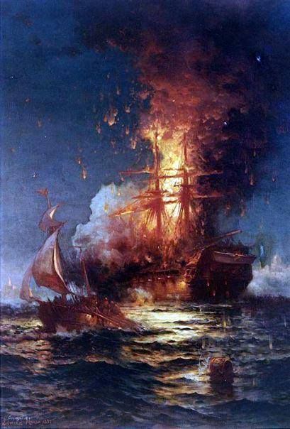 "Burning of the Frigate Philadelphia in the Harbor of Tripoli, February 16, 1804". Oil on canvas, 60" by 42", by Edward Moran (1829-1901), signed and dated by the artist, 1897. It depicts USS Philadelphia, previously captured by the Tripolitans, ablaze after she was boarded and set afire by a party from the ketch Intrepid led by Lieutenant Stephen Decatur. Painting in the U.S. Naval Academy Museum Collection. Gift of Paul E. Sutro, 1940. Official U.S. Navy Photograph, KN 10849 (Color). Pirate Rum, Barbary Pirates, Navi A Vela, Pirates Life, Sea Battle, Academy Museum, Uss Constitution, Old Sailing Ships, Arte Indie