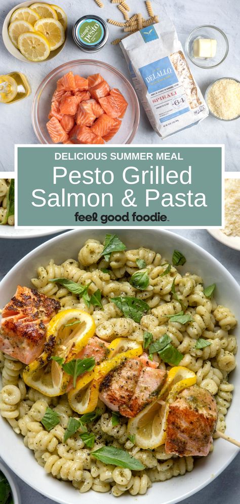 Easy and simple to make, pesto grilled salmon is cooked on the grill and then served on a bed of creamy pasta for a delicious summer time meal #Sponsored #DelalloFoods | Delallo Pasta | Pasta Recipes | Pesto with Pasta | Seafood Recipes | Grilling Salmon | Salmon Skewers | Salmon Pesto Fish Pesto Recipes, Salmon Meal Recipes Dinners, Summer Salmon Recipes Healthy, Pesto Salmon Pasta Recipes, Grilled Pesto Salmon Recipes, Salmon With Pesto Pasta, Baked Salmon Pasta Recipes, Healthy Dinner Seafood, Grilled Salmon Pasta Recipes