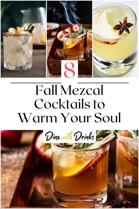 Collage of 4 fall mezcal cocktails. Fall Drinks Alcohol, Cocktail Shaker Recipes, Apple Pie Drink, Amaro Cocktails, Clean Cocktails, Cider Cocktail Recipes, Unique Drinks, Cocktail Recipes Tequila, Mexican Cocktails