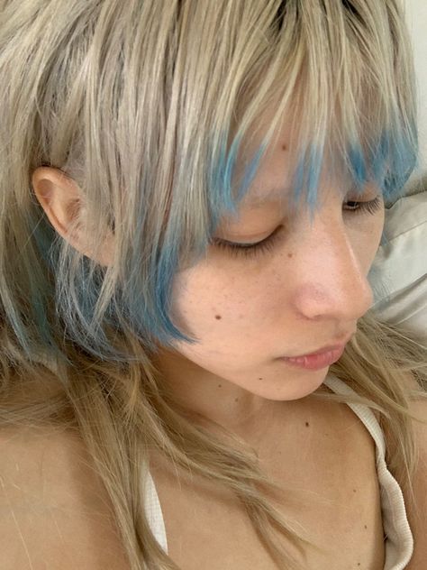 Bangs Colored Hair, Fun Hair Cuts, Mermaidcore Hair, Colored Hair Aesthetic, Angel Ring Hair Dye, Interesting Hair Color, Hair Dye Inspiration, Alternative Hair Color, Bleached Tips