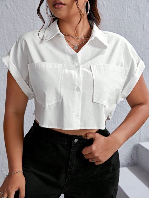 Blanco Casual Collar manga corta Tela Liso Camisa Embellished No-Elástico Cropped Shirt Outfits Women, White Crop Shirt Outfit, Cropped White Shirt Outfit, Cropped Collared Shirt Outfit, Camisa Crop Top Outfit, White Cropped Shirt Outfit, Crop Shirt Outfits, White Crop Top Shirt, Cropped Shirt Outfit