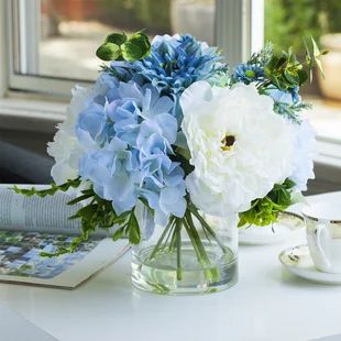 Laurel Foundry Modern Farmhouse Hydrangea Floral Arrangement in Vase | Wayfair Peony And Hydrangea, Shower 2023, Hydrangea Flower Arrangements, Hydrangea Shrub, Flower Board, Fake Flower Arrangements, Growing Peonies, Hydrangea Centerpiece, Hydrangea Arrangements