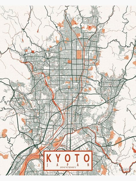 Map Of Kyoto, Qgis Map Design, Kyoto Map, Honshu Japan, City Map Design, Place Japan, Bohemian Poster, Cartography Art, City Maps Design