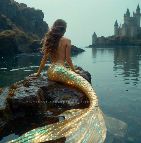 Yellow Mermaid Tail Aesthetic, Mermaid Profile Picture, Mermaid Sitting On A Rock, Pisces Mermaid, Fairy Tale Castle, Yellow Mermaid, Professional Mermaid, Realistic Mermaid, Ariel Cosplay