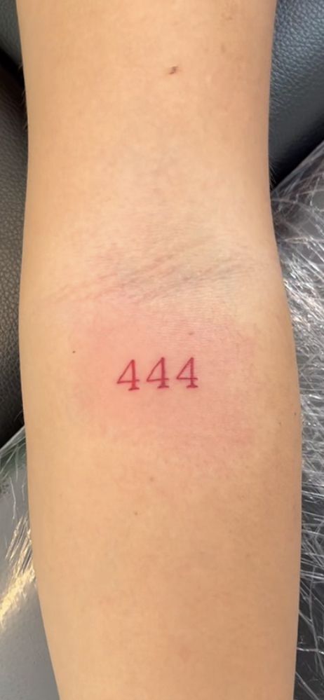 Red Ink Tattoos Angel Numbers, Cute Discreet Tattoos, Tiny Tattoos Angel Numbers, 444 Tattoo In Red, Angel Number Tattoo Ideas 444, Red 999 Tattoo, Angel Number Tattoos 444, Angels Number Tattoo, Red Ink Tattoos Small Words