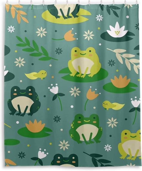 Cute shower curtain with frogs and flowers, lillypads and tadpoles Frog Bathroom, Animal Bathroom Decor, Curtains With Hooks, Bathroom 2023, Animal Bathroom, Cute Shower Curtains, Frog Pattern, Cartoon Frog, Flower Shower Curtain