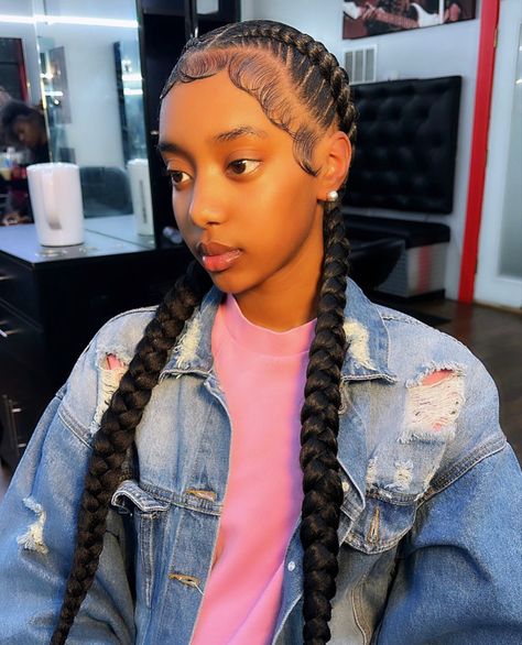 Two Big French Braids, Box Braids With Dramatic Edges, Two Dutch Braids With Curls, Two Long French Braids Black Women, Dramatic Edges With Knotless Braids, Two Braids Black Girls Hair, Big Dramatic Edges, Two Cornrow Braids With Curls, Black Girls Hairstyles Two Braids