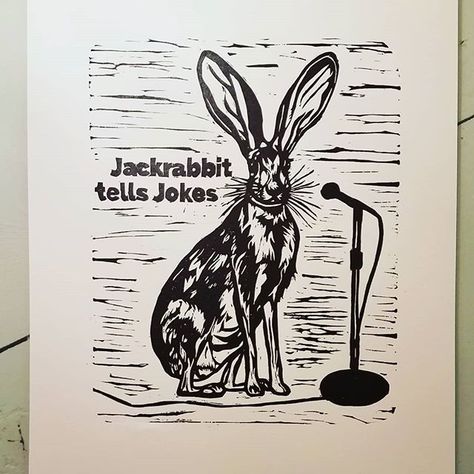 Jackrabbit tells jokes. . . . #tenaciousgoods #art #sacramentoartist #linoblock #linocut #animalswithoccupations #printmaking #jackrabbit #bunny Bunny Linocut, Rabbit Linocut, Linocut Illustration, Lino Art, Hand Printing, Relief Printing, Wildlife Prints, Linocut Art, Bunny Print