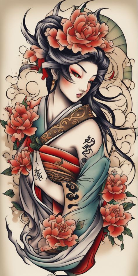 Colored Japanese Tattoo, Japanese Elements, Geisha Tattoo, Japanese Geisha, Japanese Tattoo Art, Neo Traditional, Great Tattoos, New School, Japanese Tattoo