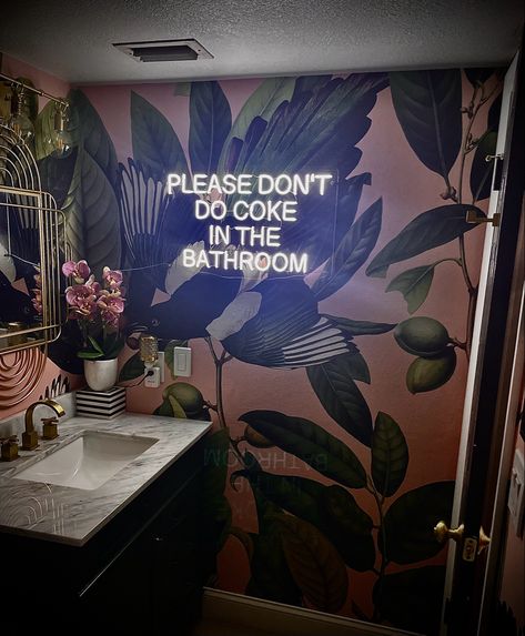 Neon Signs Bathroom, Neon Sign Bathroom, Mens Bathroom Ideas, Palm Springs Bathroom, Jungle Bathroom, Mens Bathroom, Neon Wall Signs, Downstairs Loo, Wedding Girl