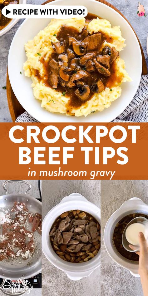 Come home to the delicious aroma of a comfort food classic waiting for you in the slow cooker: This Crockpot Beef Tips and Gravy is the perfect easy weeknight dinner! | #recipe #easyrecipe #dinner #easydinner #slowcooker #crockpot #crockpotdinner #crockpotrecipe #slowcookerdinner #slowcookerrecipe #beef #beefrecipe #beeffoodrecipe #mushrooms Beef Tips And Gravy Crockpot, Crockpot Beef Tips And Gravy, Beef Tips Slow Cooker, Classic Dinners, Crockpot Beef Tips, Crock Pot Beef Tips, Beef Tips And Gravy, Crockpot Appetizers, Crockpot Recipes Beef